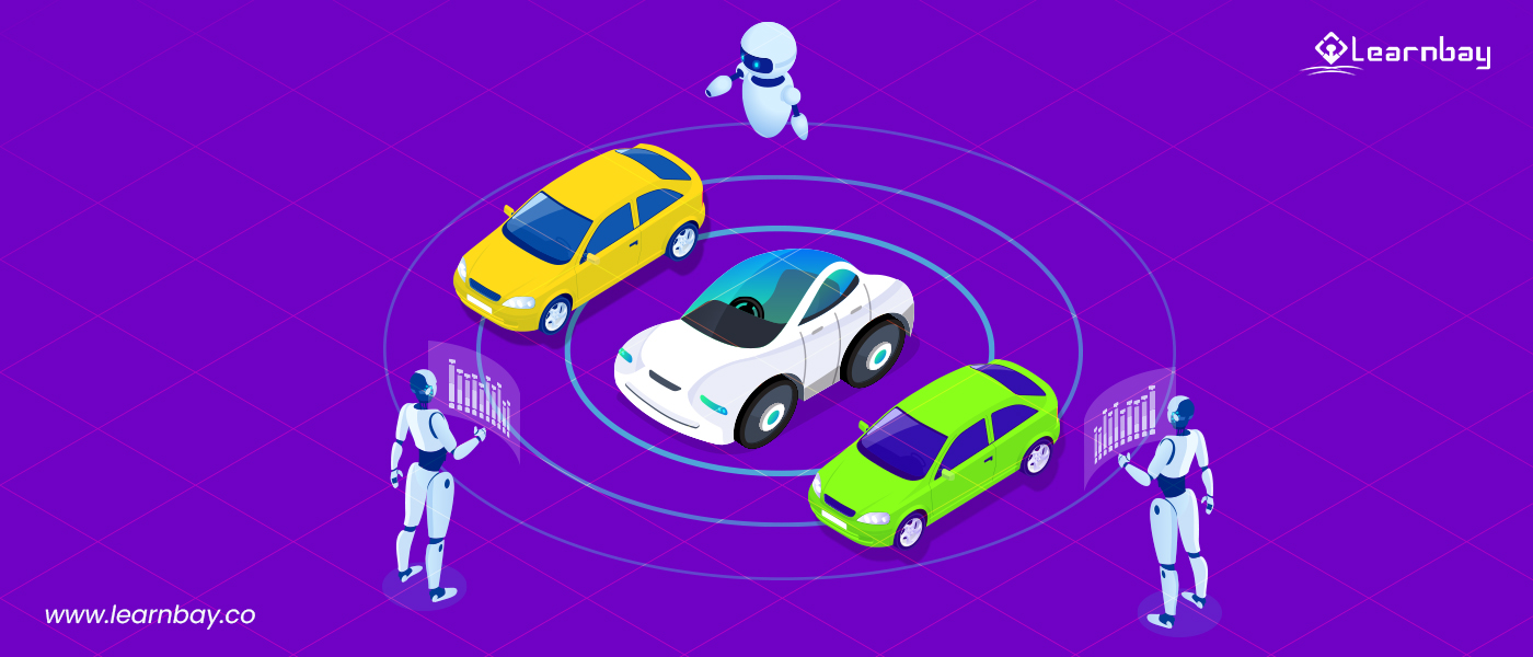 An illustration shows three robots surrounding three different cars displaying various analytical data.