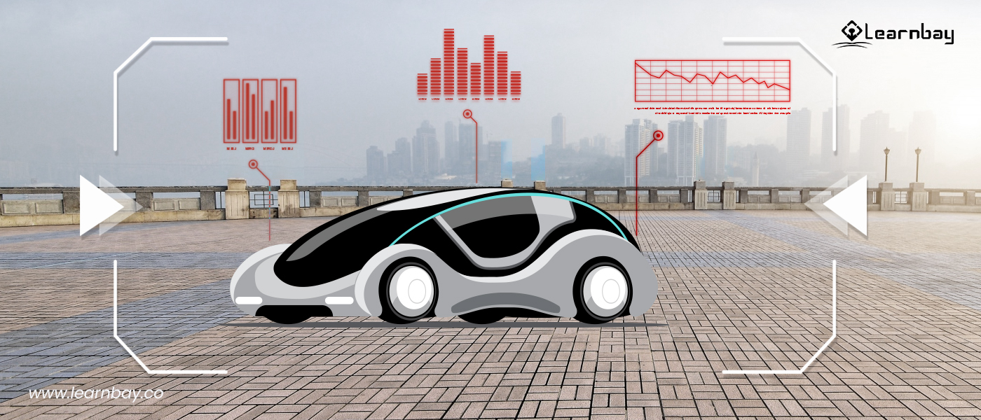 An illustration shows a self-driving car that uses data analytics to provide various statistics and graphs.
