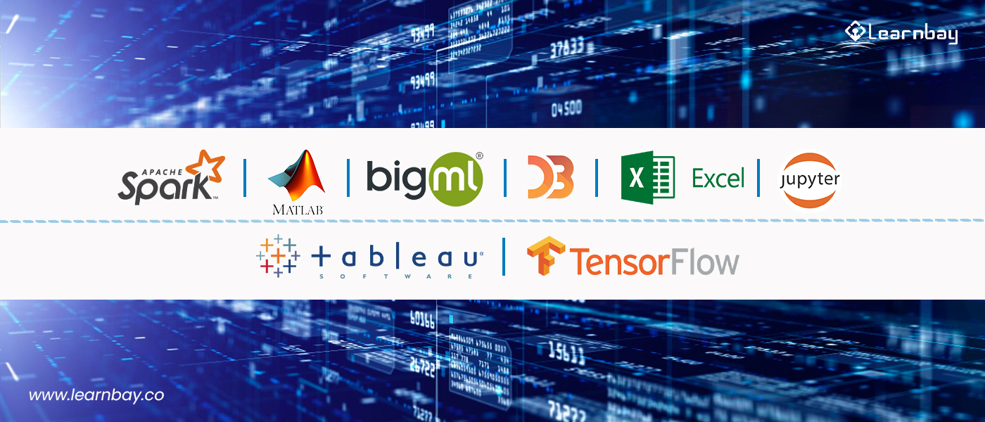 An image shows the logo of 8 different data science tools such as Spark, Matlab, big ml, D3.js, Excel, Jupyter, Tableau, and TensorFlow.