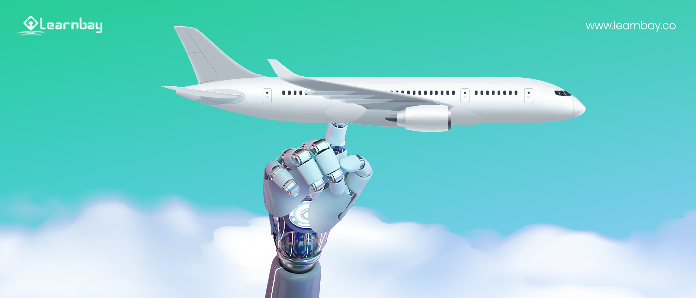 An AI-powered robotic hand holds an airplane miniature at the tip of its index finger. This indicates the applications of AI in the aviation industry.