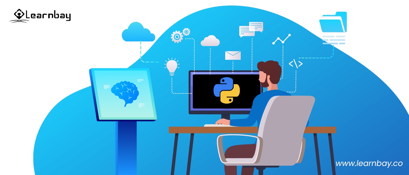 An illustration shows a person sitting in a chair infront of a desktop. He is doing a projects in natural language processing with python.