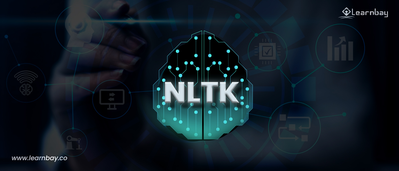 An illustration represents the network of NLTK. The background lists several symbolic uses of NLTK.