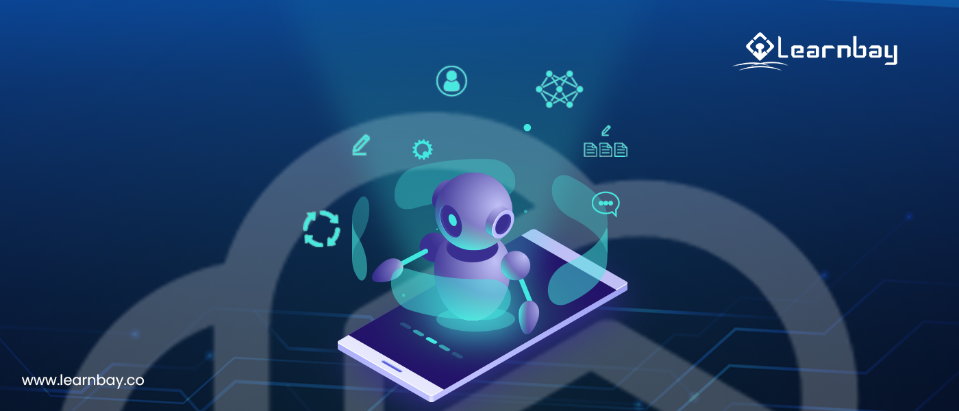 An illustration shows a robot popping out from a tablet screen.