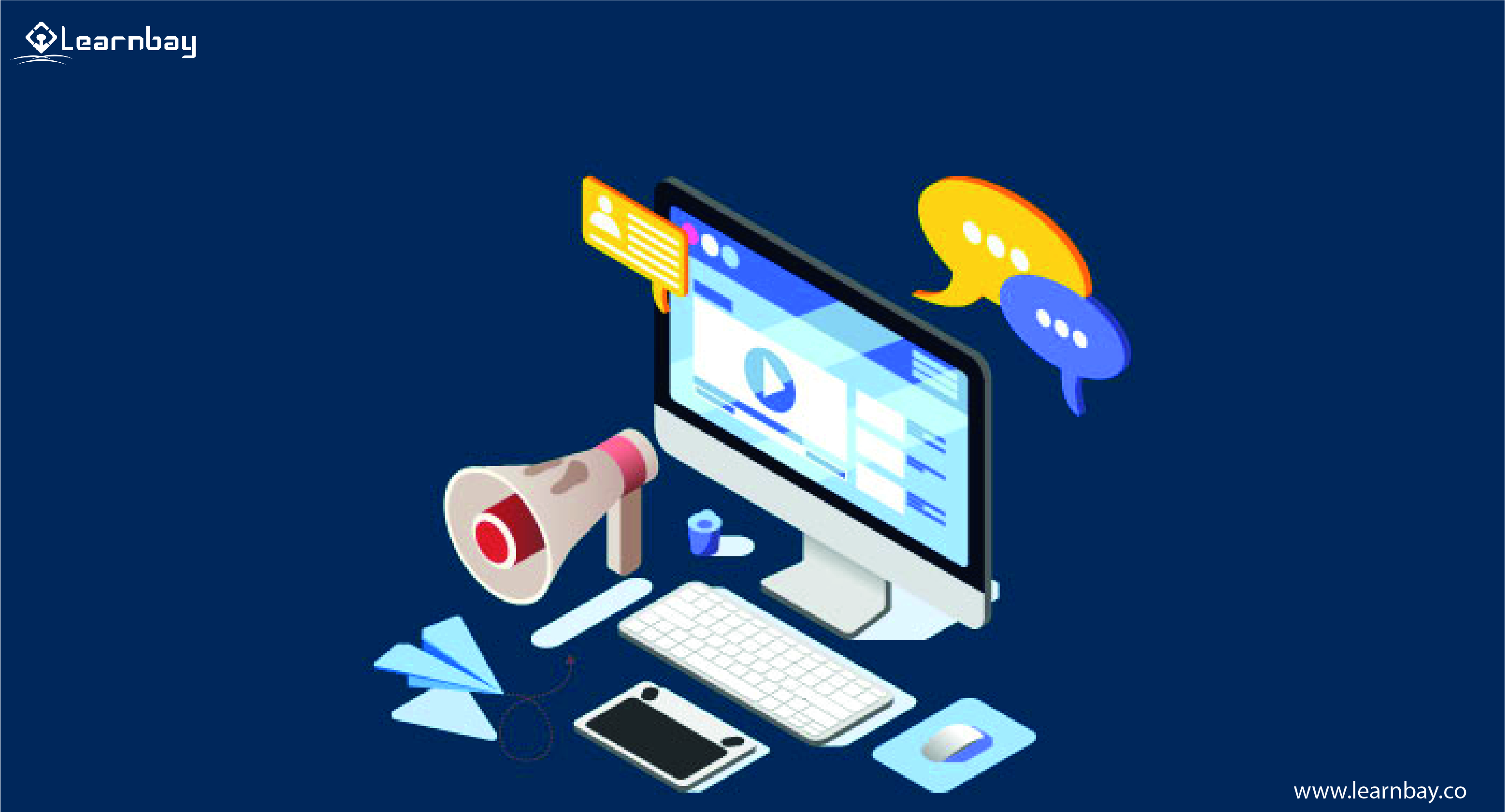 An illustration shows a desktop, keyboard, mouse, and megaphone on a table with a Messenger logo at the top.