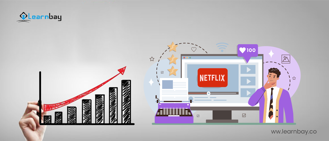 An illustration shows a graph with a high growth and a person standing in front of the laptop  using the  Personalized Recommendation Engine in Netflix to filter the content.