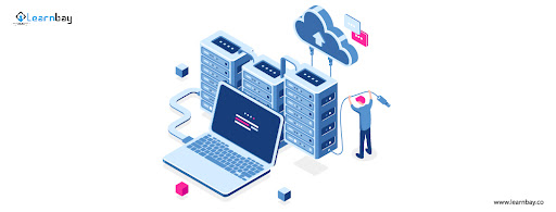 An illustration shows a person setting up a cloud computing infrastructure. The setup consists of a laptop, storage devices, and the cloud computing logo.