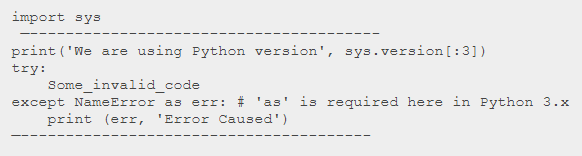 A Snippet shows error handling using the code based on Python 3.