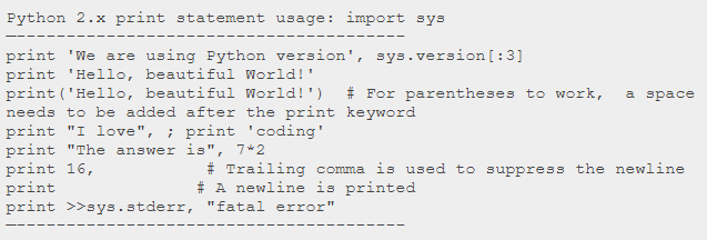 A snippet shows the code for printing a text-based output using Python 2.