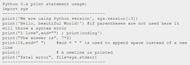A snippet shows the code for printing a text-based output using Python 3.