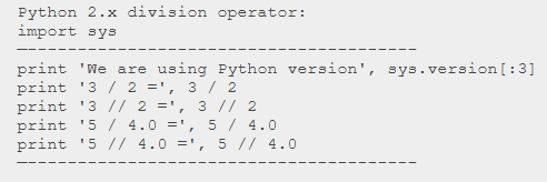 A snippet shows a code of division operator using Python 2.