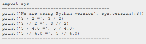 A snippet shows a code of division operator using Python 3.