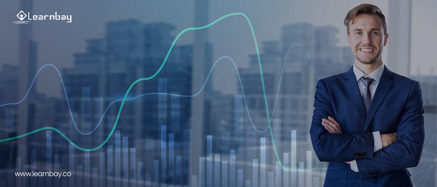 A man presenting the stock market prediction using forecasting and predictive analytics.