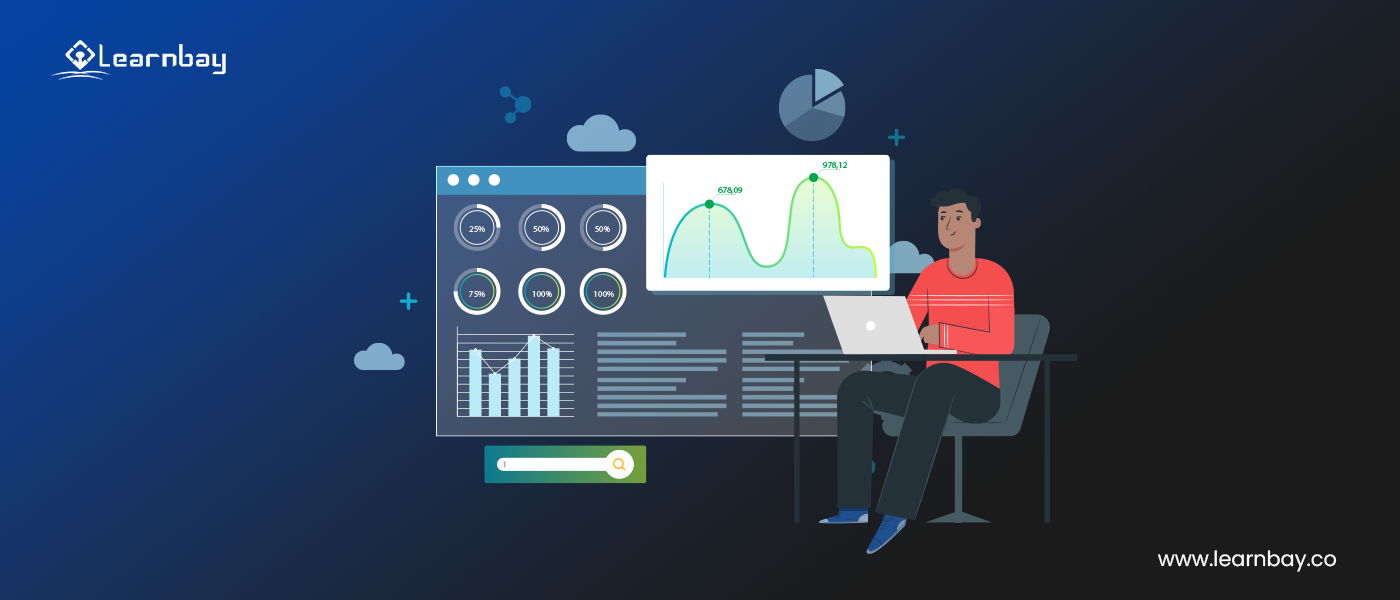 An illustration shows a man seated in a chair with a laptop is busy in learning industry-standard data visualization tools.