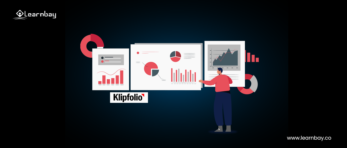 An illustration shows a person standing in front of a screen uses Klipfolio for data analysis and visualization.