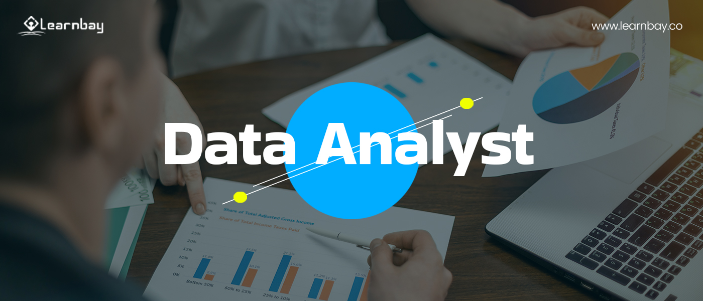 A background image titled 'data analyst' shows professionals busy with analytics via graphs and pie charts.