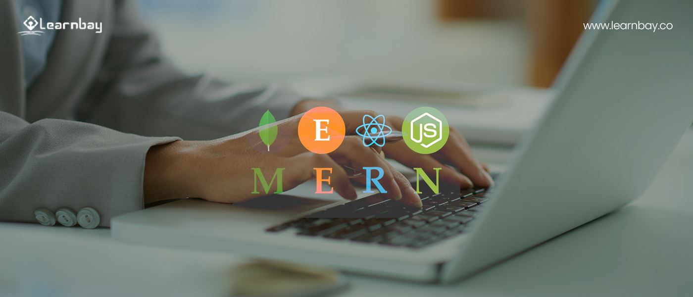 An image is titled 'MERN.' The background shows a MERN stack developer busy working on a laptop.