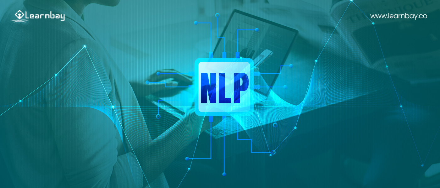 An image titled, 'NLP.' The background shows a professional working on his laptop.