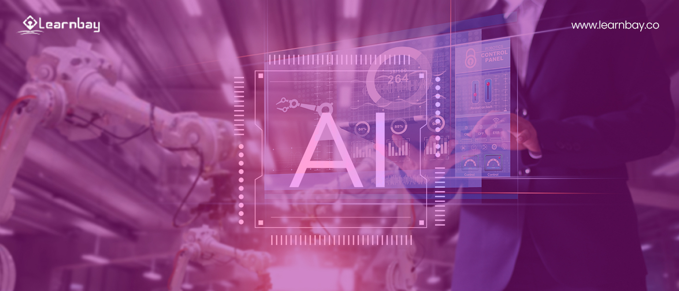 An image titled, 'AI.' The background shows a robotics engineer working on a tablet.