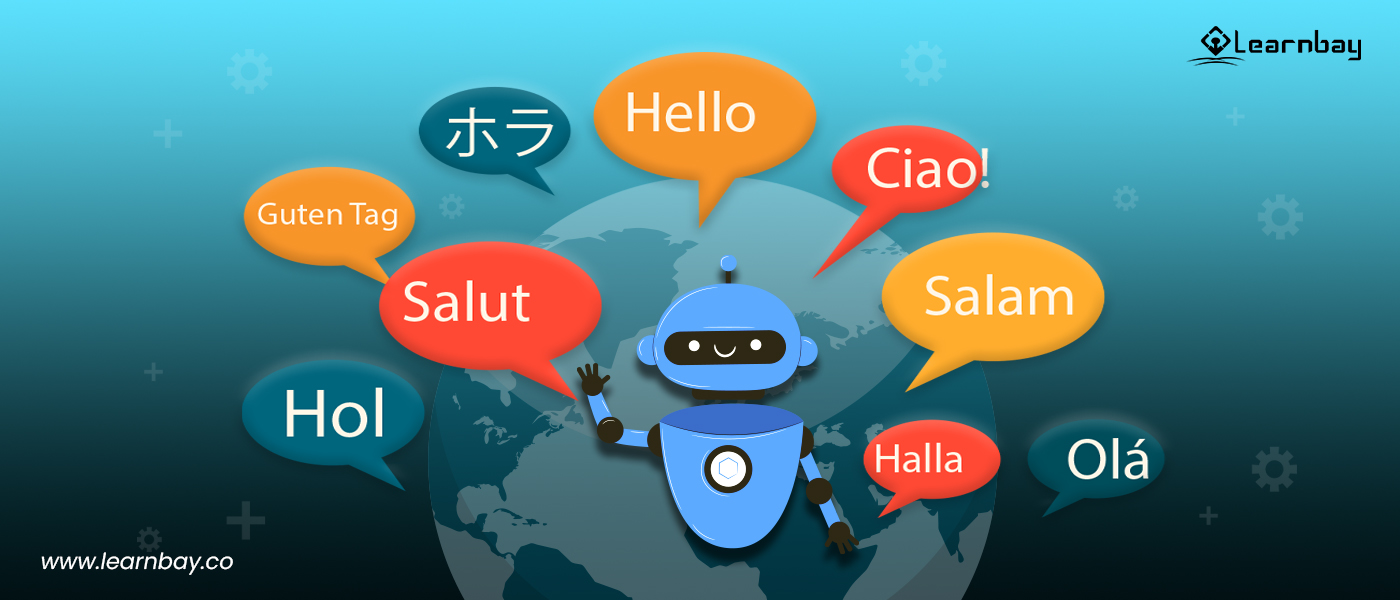 An illustration shows a robot greeting  'Hello' in different languages.