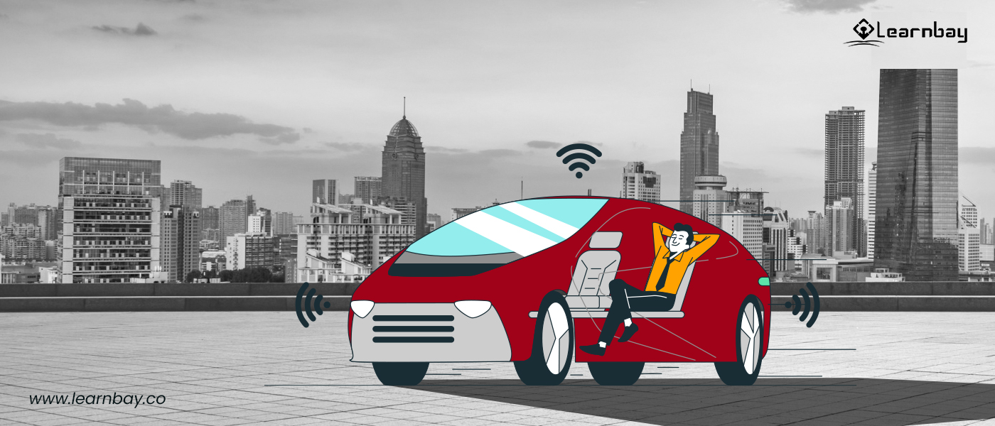 An illustration shows a man sitting in a car that is being driven automatically by AI.