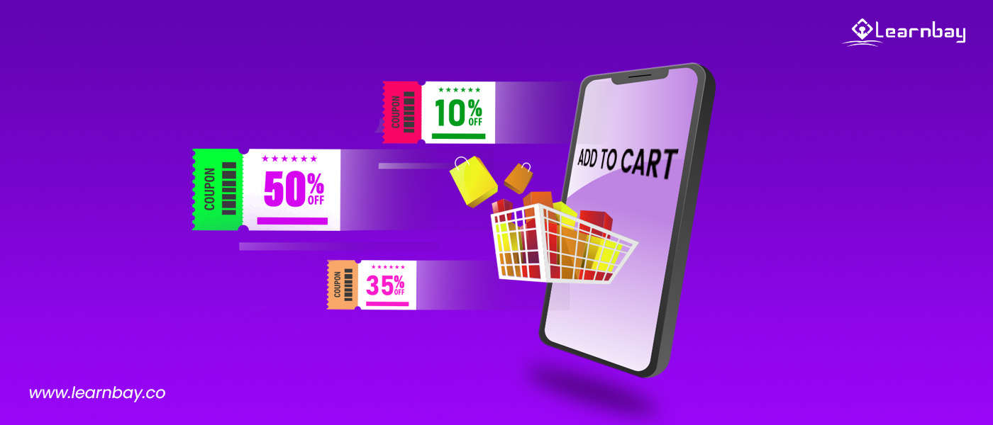 An illustration shows the screen of a mobile phone displaying Add to cart option, with various coupon codes like 50% off, 10% off, and 35% off.