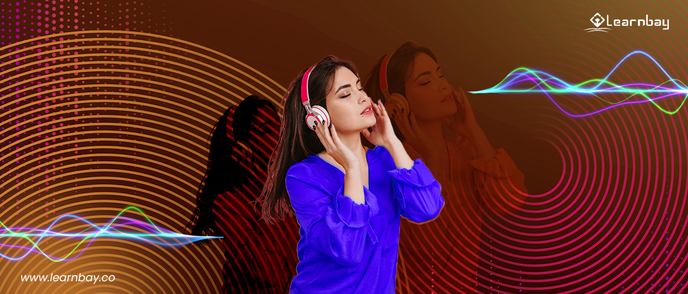 A photo shows a young woman listening to music through headphones, using a music recommendation system.