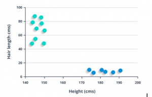A graph of Height versus Hair length.  The horizontal axis, labelled height(cms) ranges from 140 to 200 and a vertical axis, labelled hair length cms) ranges from 0 to 100.  This graphs divides the provided dataset into two groups.