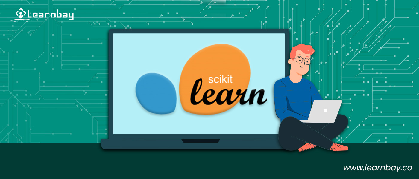 An illustration shows a python professional seated in front of a big laptop display is working on a laptop. The text on the big display reads, 'scikit learn' accompanied by it's logo.