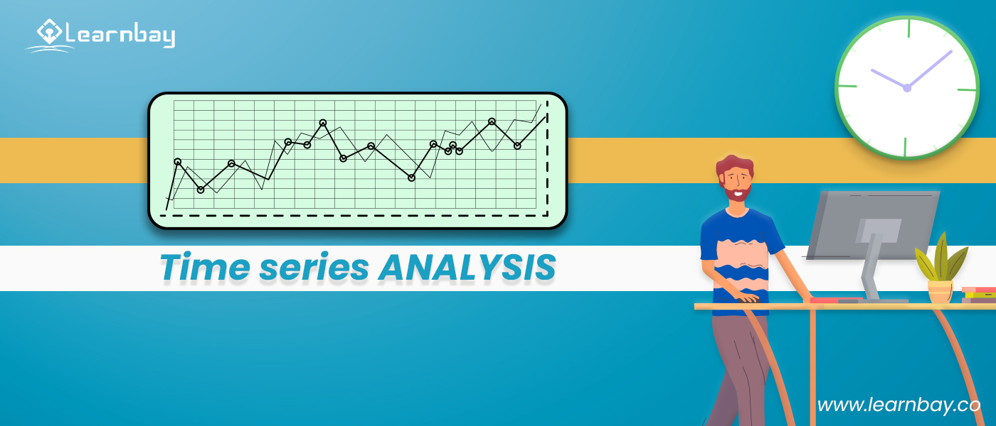 An illustration of time series analysis shows a person standing in front of a table and using a desktop. There is a wall clock behind him.