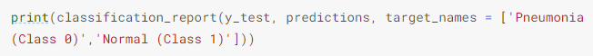 A snippet shows  the print command for classification report for pneumonia and a normal person.