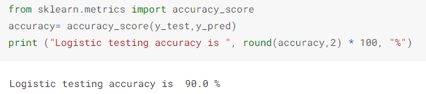 A code shows logistic testing accuracy of 90.0% using the SKlearn library.