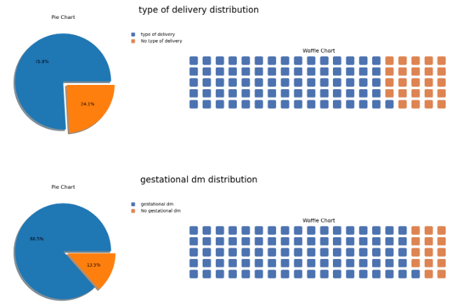 An snippet shows two different pie charts and waffle charts for the type of delivery distribution and gestational dm distribution, represented in blue and orange colors.