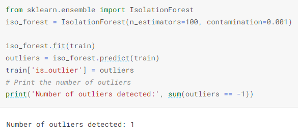 A code shows the number of outliers detected using the Sklearn library.