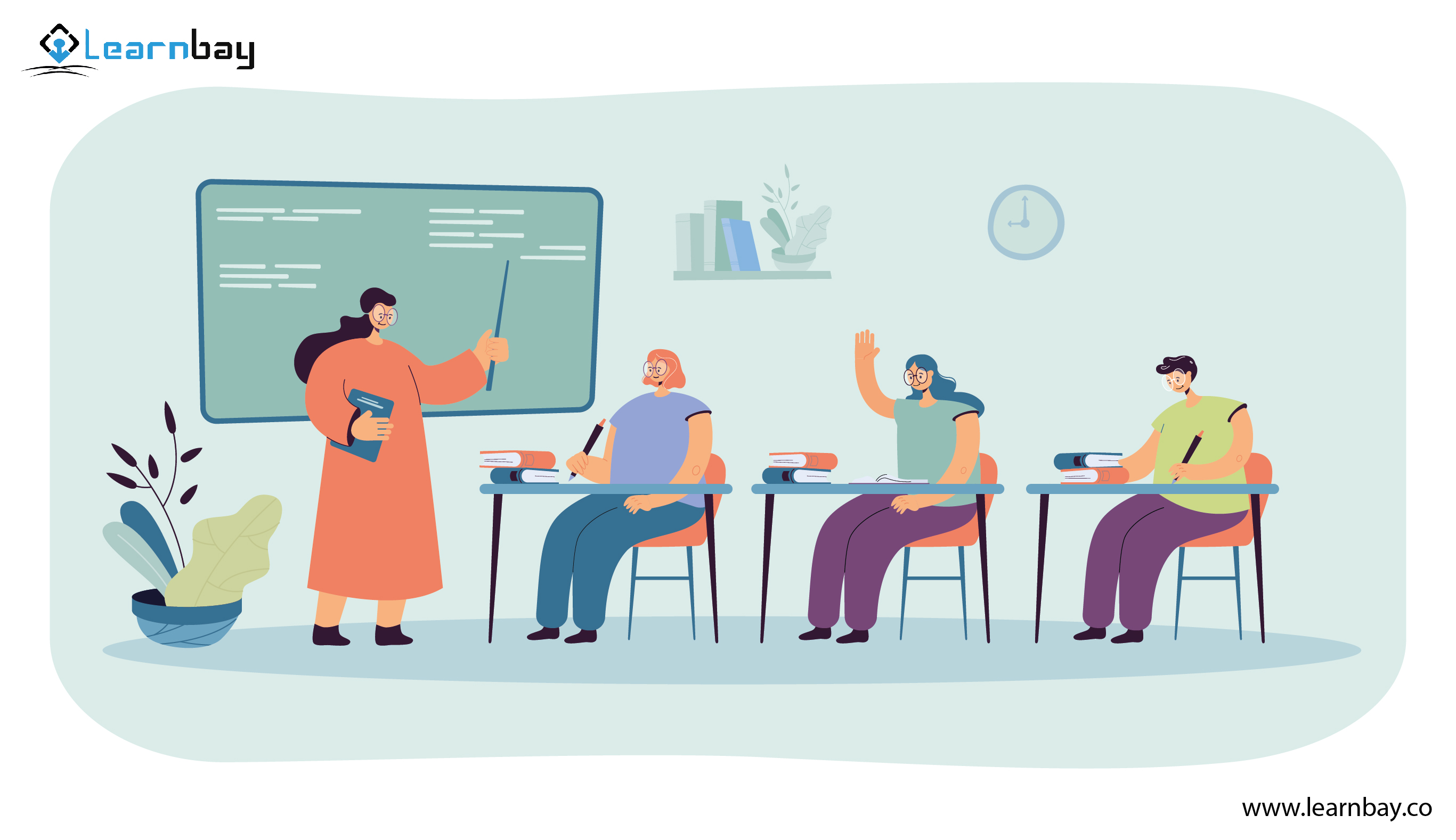 An illustration shows an instructor teaching data science  in a offline classroom.