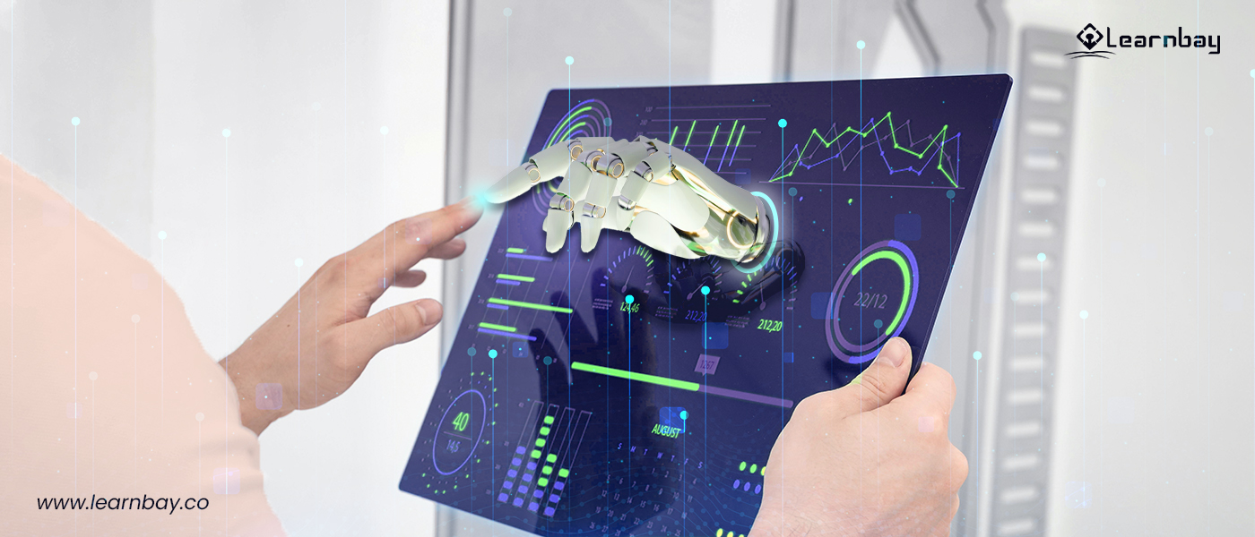 A data scientist is holding a tab. It shows a robot hand emerging from the screen of a tablet. The human and robot hands are pointing at each other.
