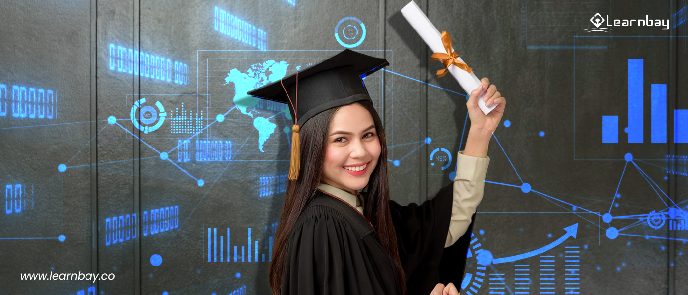 An image shows a female data scientist with a degree scroll in her hand.