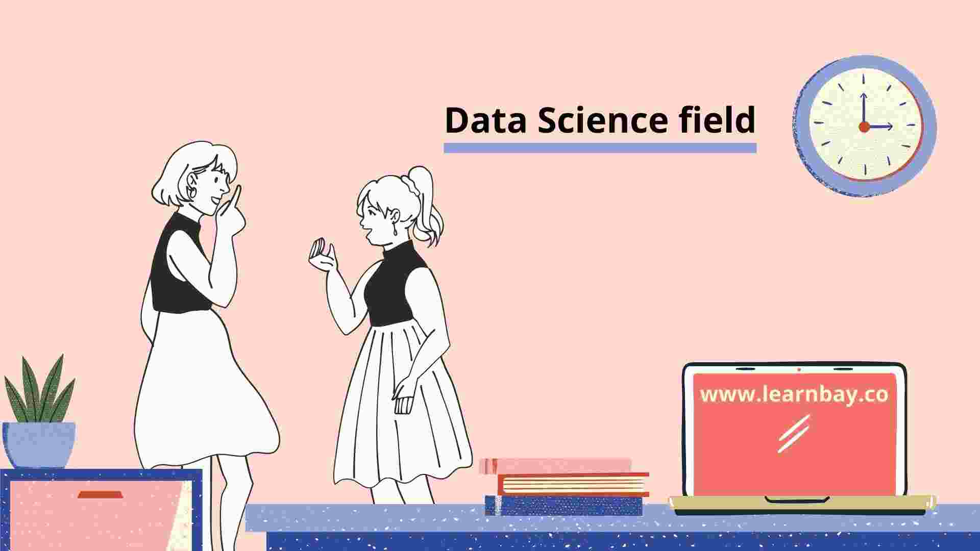 An illustration of two girls discussing different types of data science fields.
