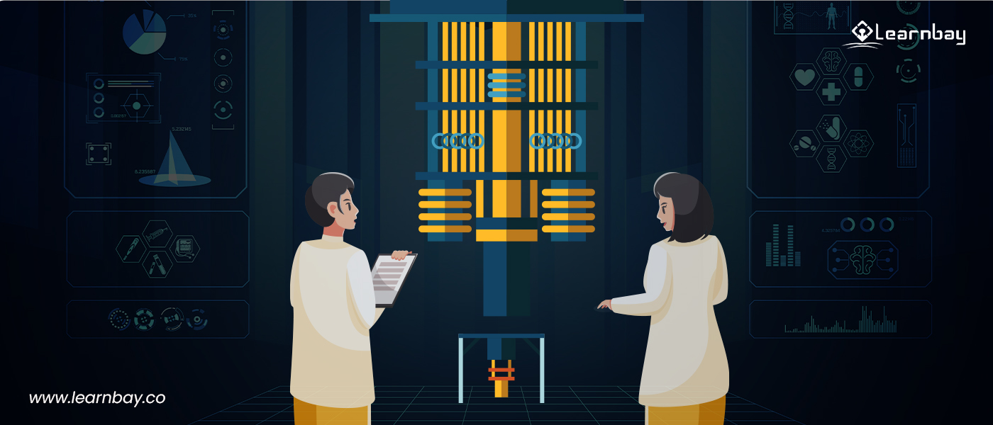An illustration shows two quantum engineers discussing and working on a quantum computing application.