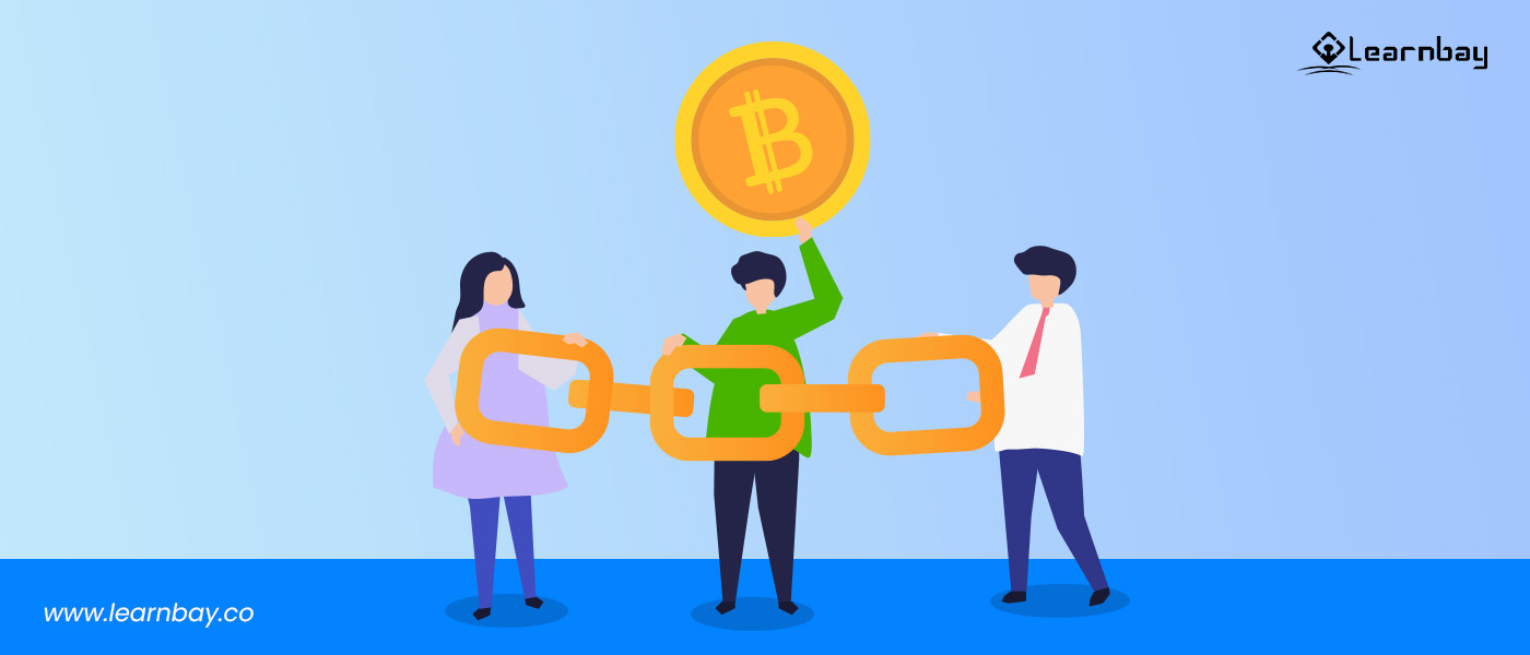 An illustration shows three people standing in a row. Each holds a chain, with the middle person also carrying a bitcoin cryptocurrency logo.